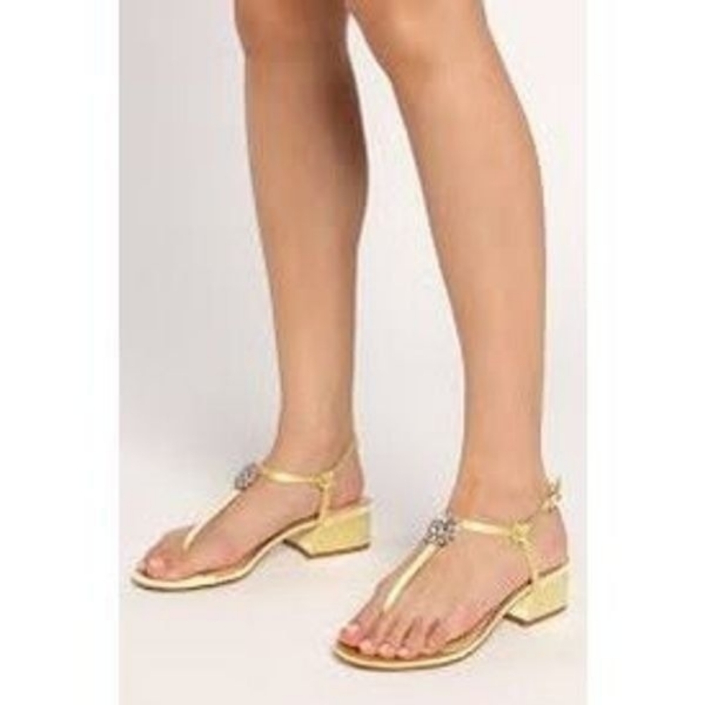 Jewel Badgley Mischka Gold T-Strap Block Heel Sandals